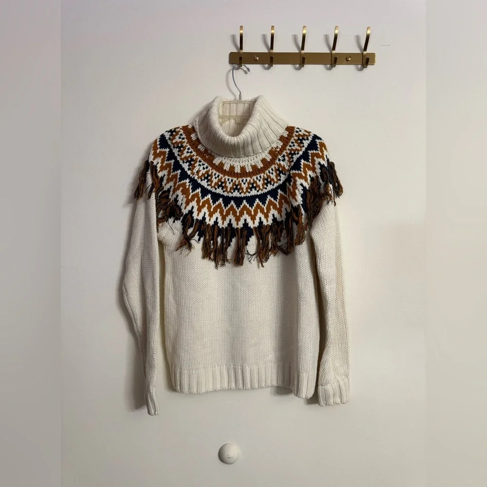 Forever 21 Cream Navy Blue Nordic Boho Fair Isle Fringe Sweater Women’s Sz M - Picture 5 of 8